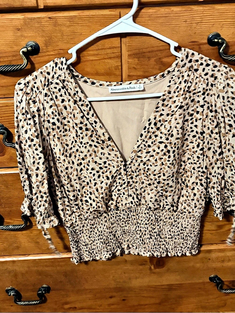 Abercrombie Animal Print Smocked Blouse in Beige & Black